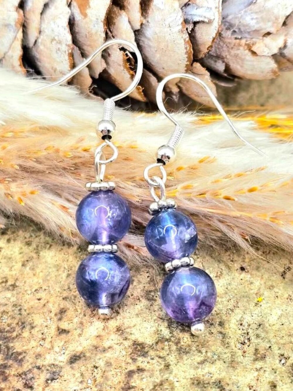 Natural Purple Fluorite Stacking Round Beads Dangle Earring